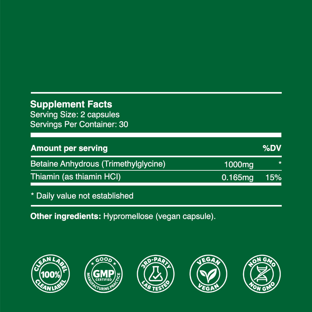 TMG Betaine Anhydrous Capsules 500mg (30 servings, 60 caps)