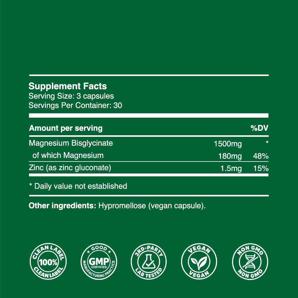 Magnesium Glycinate Capsules 500mg (30 servings, 90 caps)