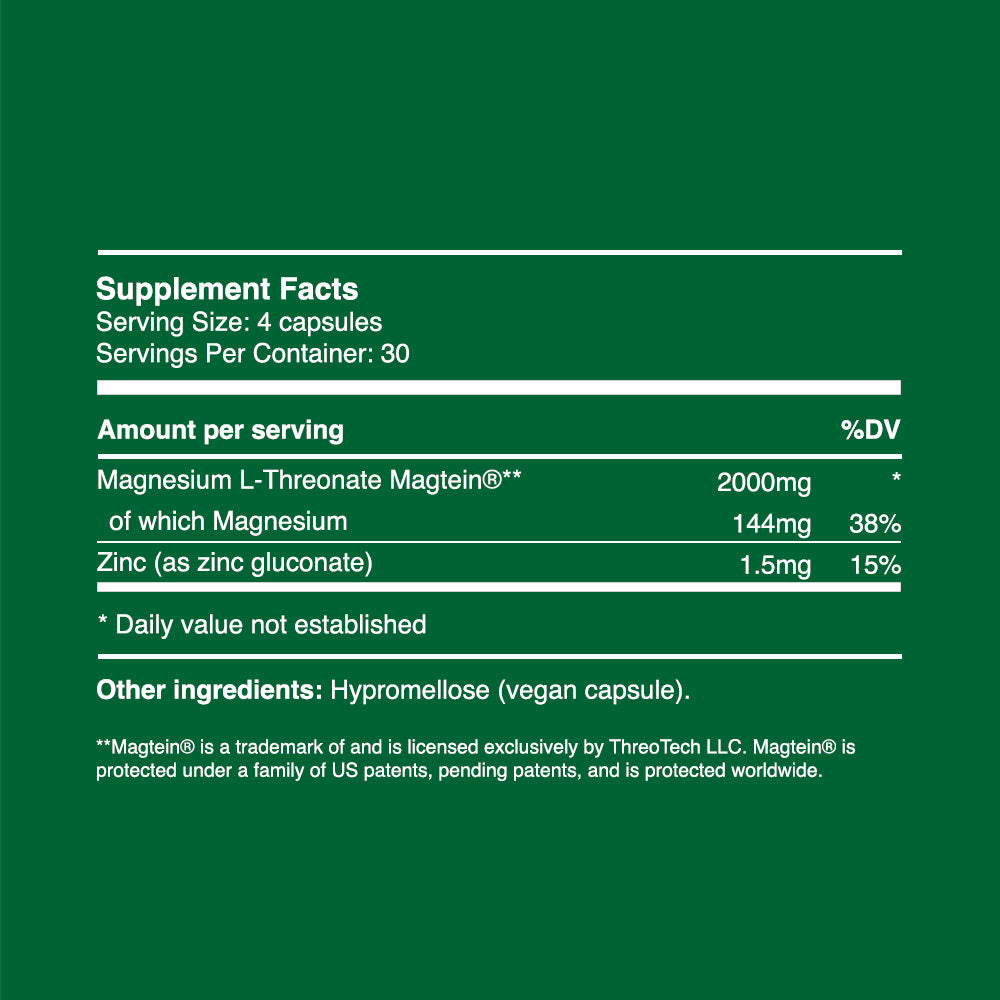 Magnesium L-Threonate Capsules 500mg (30 servings, 120 caps)