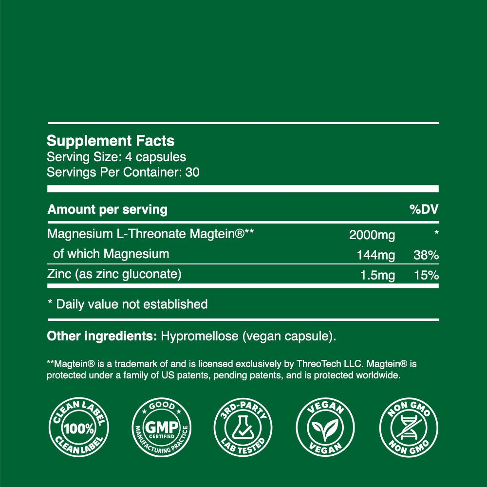 Magnesium L-Threonate Magtein® Capsules 500mg (30 servings, 120 caps)