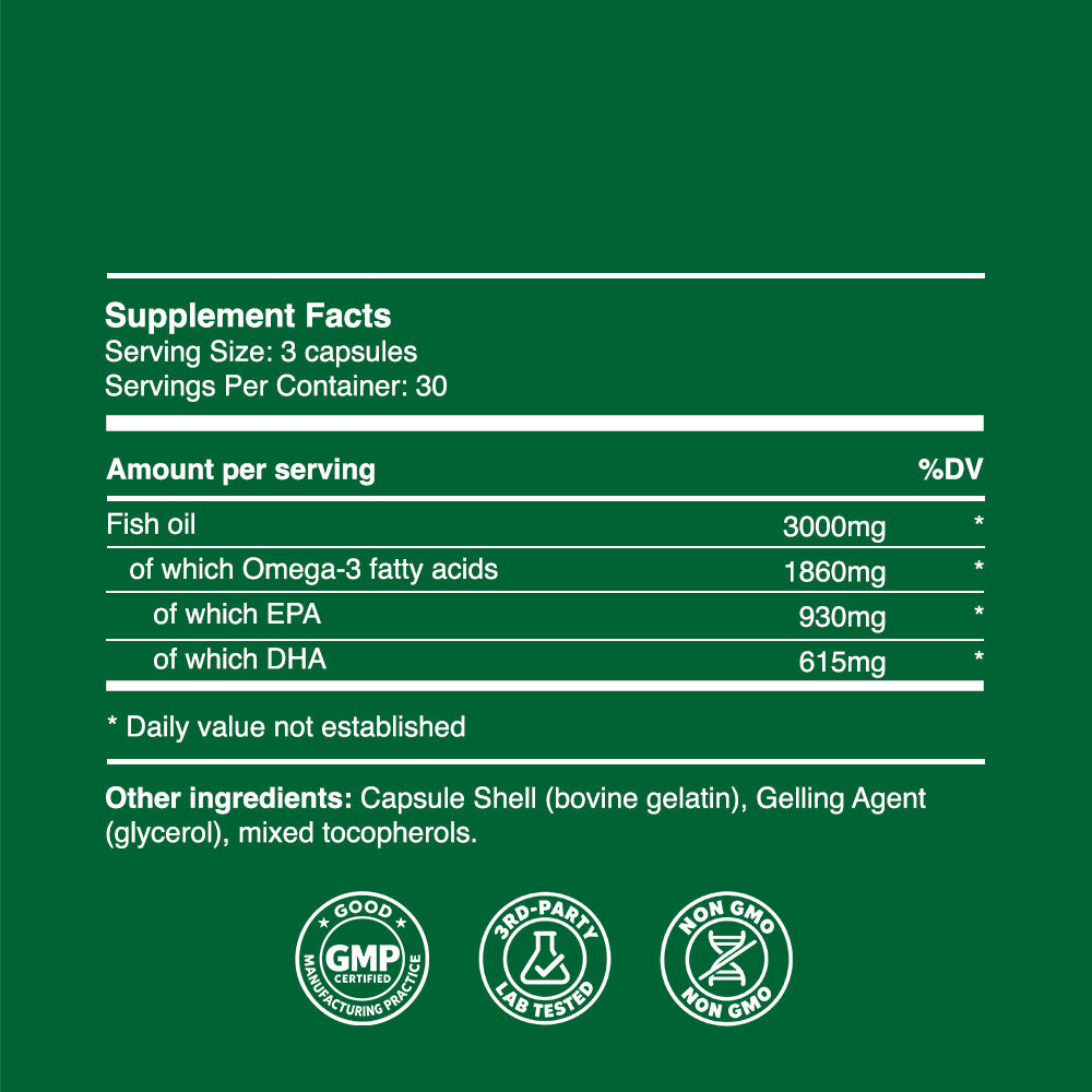 "Omega 3 Elite" Fish Oil Capsules 3000mg (30 servings, 90 caps)