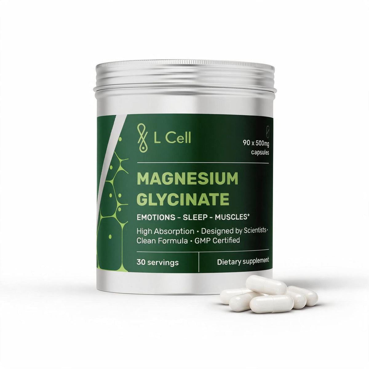 Magnesium Glycinate Capsules 500mg (30 servings, 90 caps)