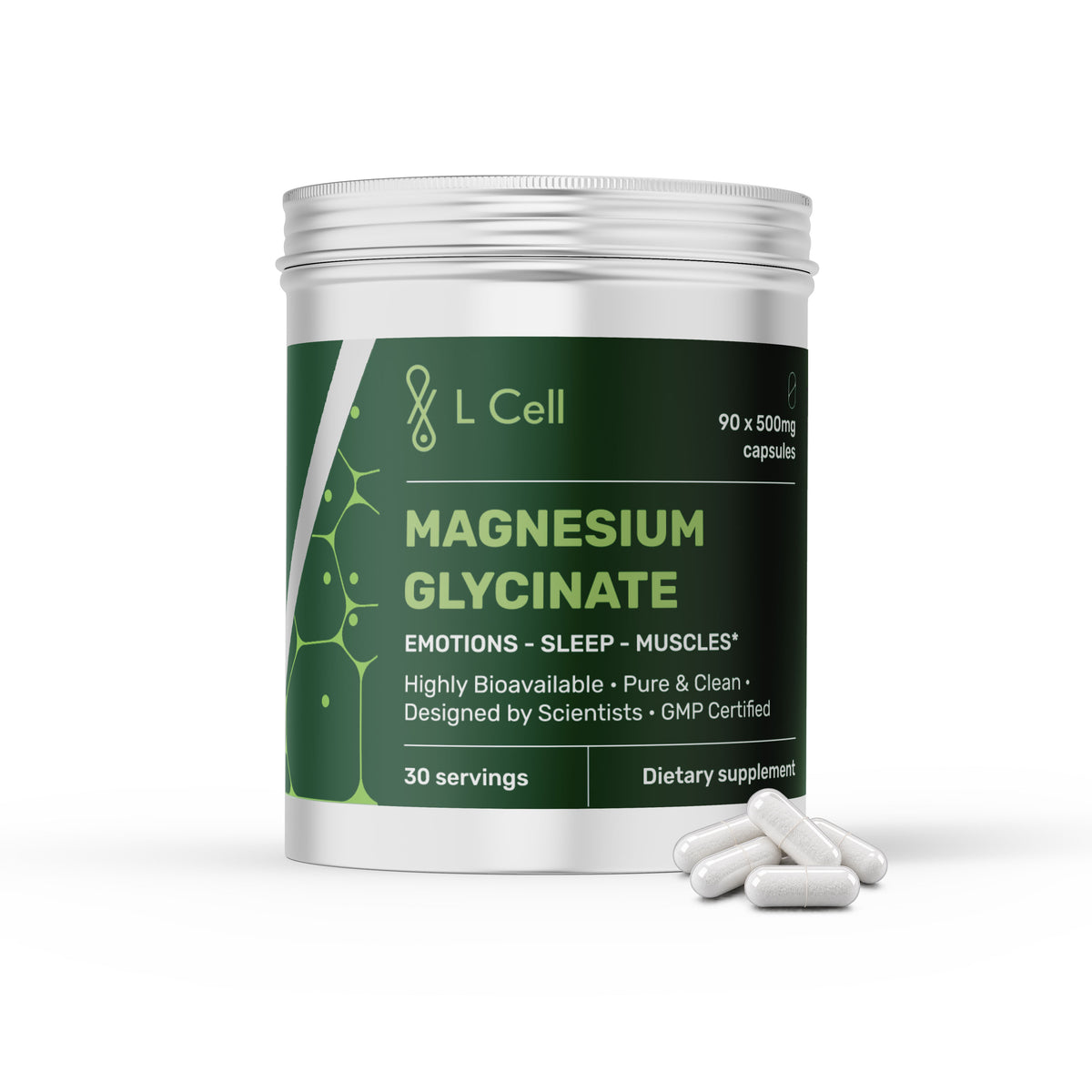 Magnesium Glycinate Capsules 500mg (30 servings, 90 caps)