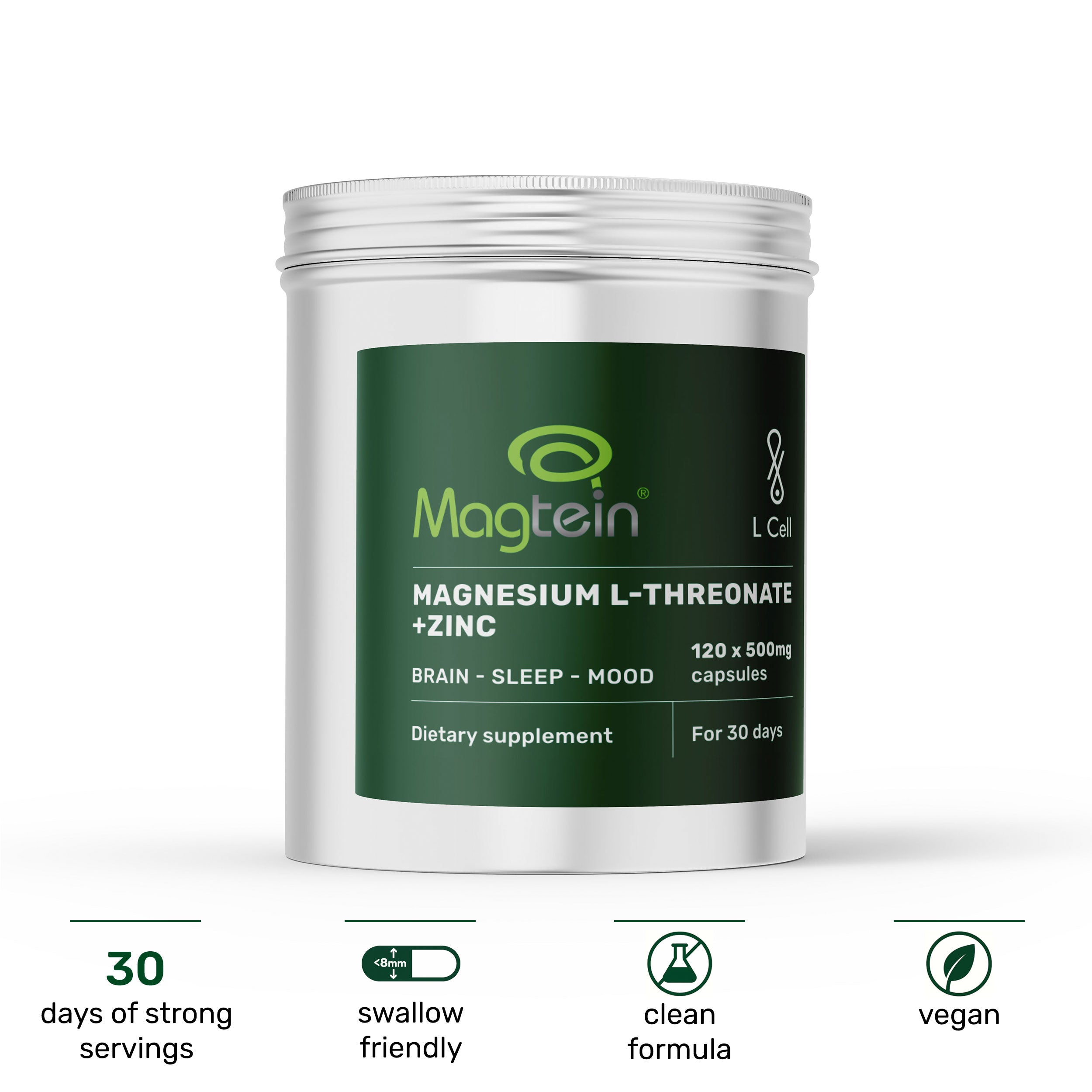 Magnesium L-Threonate Capsules 500mg (30 servings, 120 caps)
