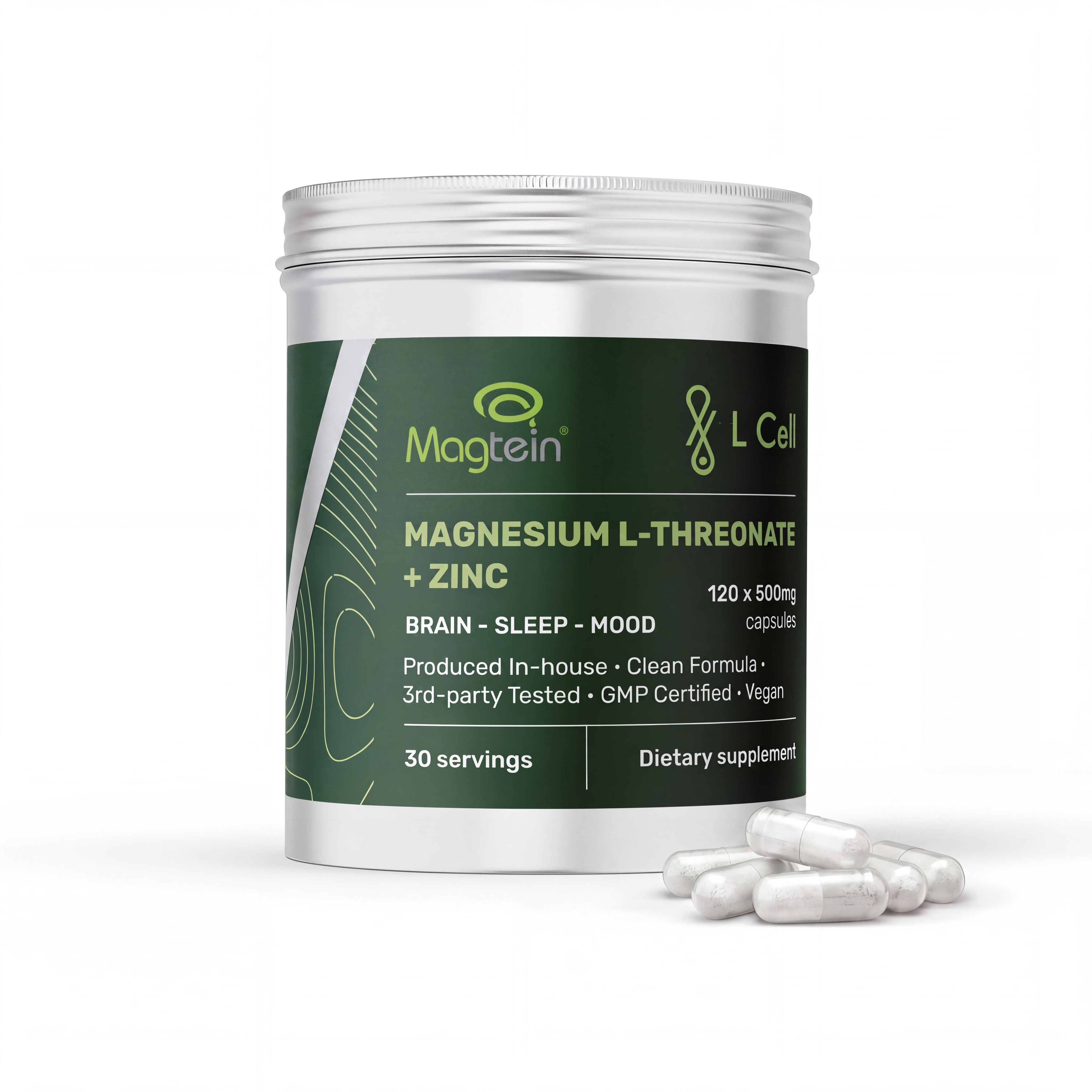 Magnesium L-Threonate Magtein® Capsules 500mg (30 servings, 120 caps)